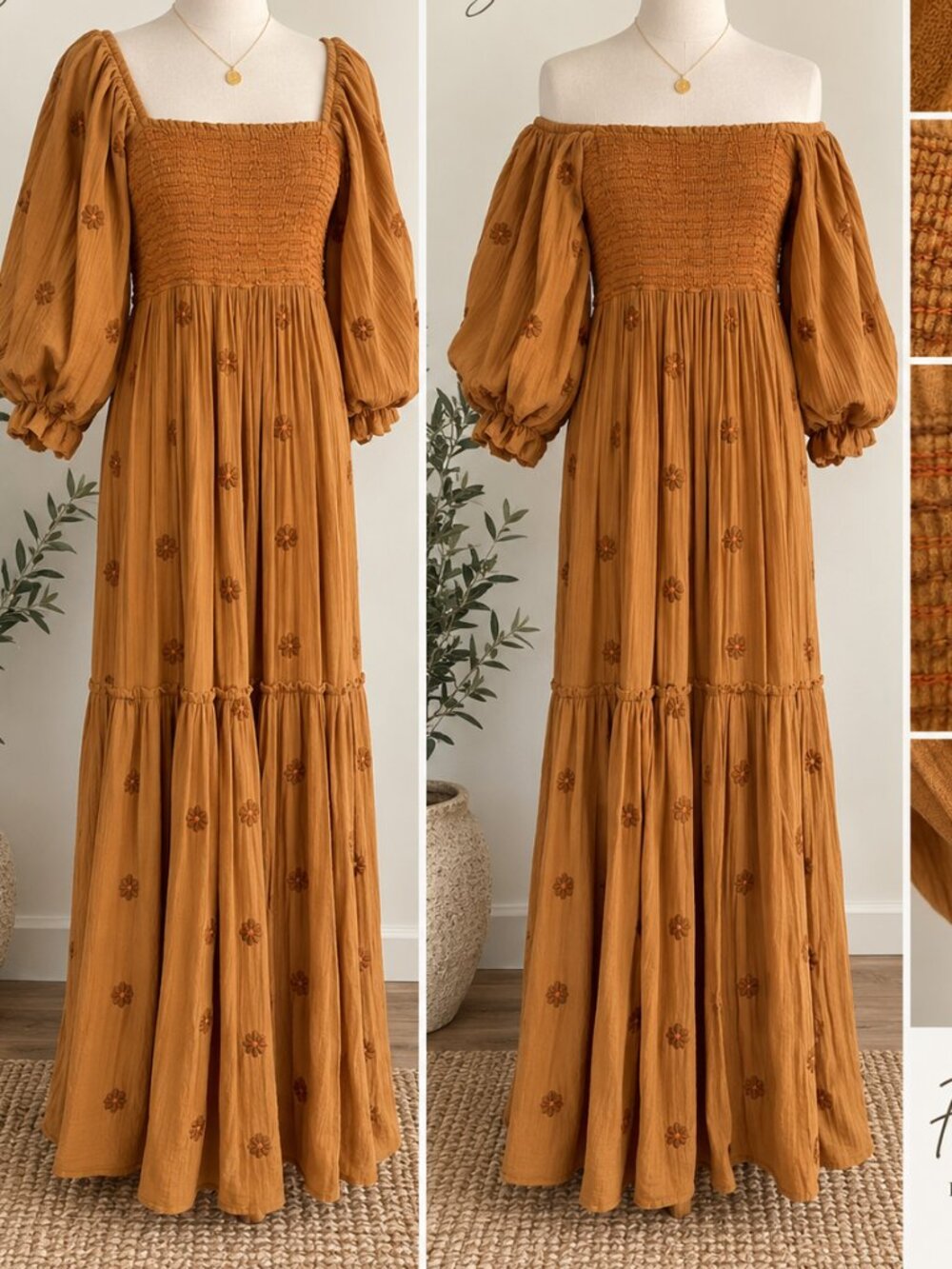 🌼 Free People Dahlia Embroidered Maxi xs Dress – Rust/Caramel
